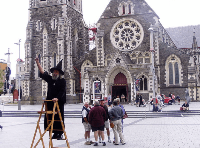 Wizard of New Zealand outside the Christchurch Cathedral, New Zealand. Unfortunately, this cathedral was destroyed in a series of large earthquakes in 2011. Photo thanks to Helmut Pfau.