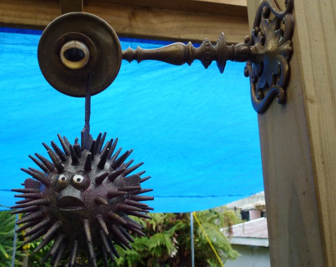A very alarmed lesser-spiked flabberfish suspendicated by a piece of flabberfish-supporting Victorian suspecticator equipment.