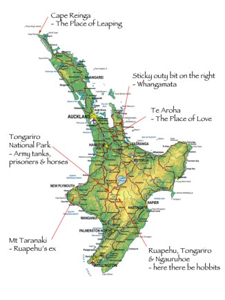 The North Island of New Zealand (Middle Earth) with directions on where to find stuff.