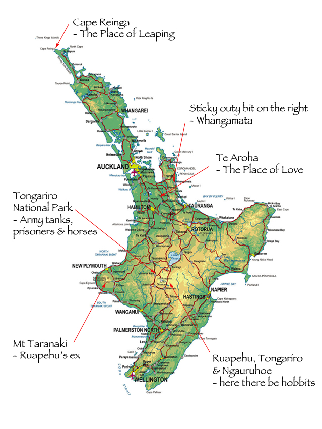 The North Island of New Zealand (Middle Earth) with directions on where to find stuff.